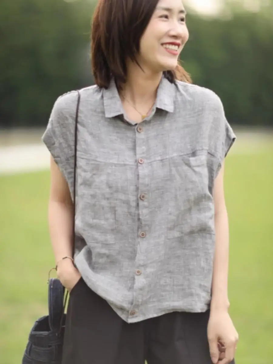 

Retro Color Linen ort Sve Women's irt Loose Casual Slimming Summer New Sle Cotton Linen Top Versatile Casual S...