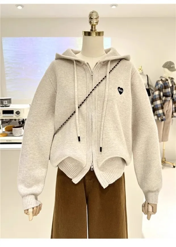 الخريف الشتاء بسيط التطريز القلب فضفاض النسخة الكورية سميكة الدافئة سستة سترة مقنعين محبوك سترة المرأة معطف الاتجاه #4