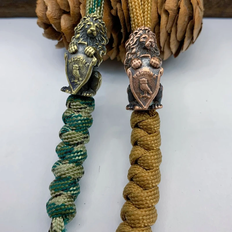 1Pc Vintage Brass Lion King Knife Pendant Lucky Copper Owl Miniature Figurines Keychain Paracord Beads