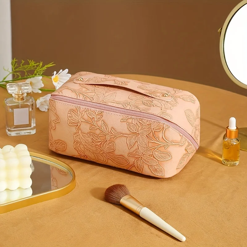 Borsa con cerniera per trucco con motivo floreale in stile retrò, borsa da toilette con cerniera in tinta unita con manico