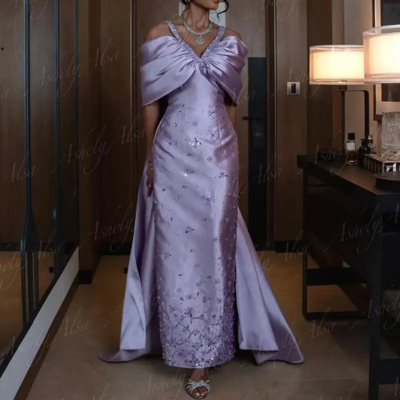 Elegant Lilac Arabic Women Evening Dresses With Train 2024 V Neck Beaded Sheath Ankle Length Formal Prom Dress Wedding Party