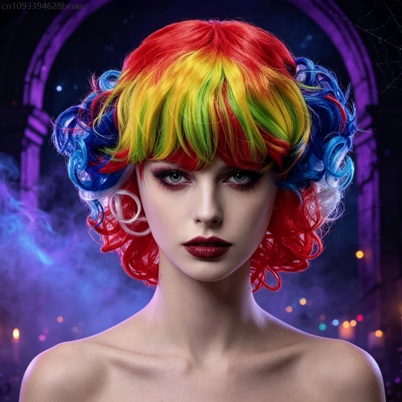 Colorful Curly Clown Wig Rainbow Multi‑Color Wig With Bangs Halloween Carnival Theme Party Cosplay Costume Accessory Prop