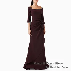 Dark Burgundy Evening Dress Mermaid Scoop Neck 3/4 Sleeves Beads Sweep Tran Crepe Formal Prom Dresses Saudi Arab Party Gown