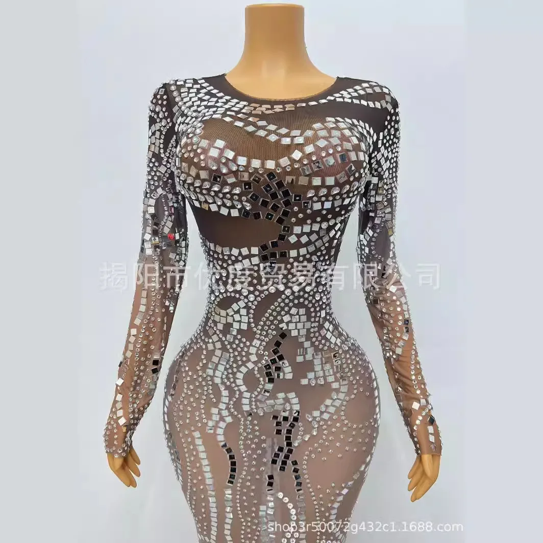 Lens Shine Glam Perspective Mesh Rhinestones Birthday Party Dress Sequins Drawstring Vestido De Festas Vestidos De Gala De Noche