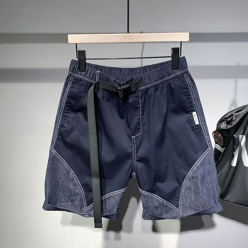 Mens Elastic Waist le Belt Spliced Mesh Stitch Loose Casual Sport Shorts