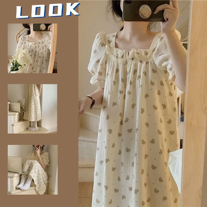 1Pcs Ladies' Square Neck Cute Printed Nightgown, Loose, Fashionable, Personalized Sleepwear, Ladies' Casual Sleepwear