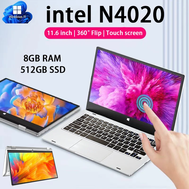 

11.6" Portable 2 in 1 mini Laptop Computer Touch Screen Intel Celeron N4020 8GB RAM 512GB SSD Windows 11 Pro Office Learning PC