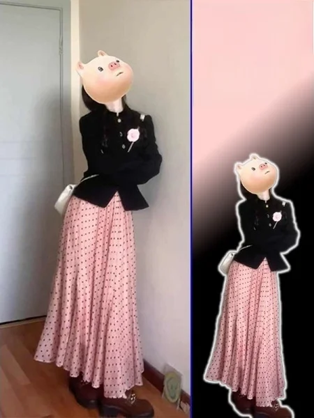 

plus Size Vintage Hepburn Coat And Long Polka Dot Skirt Two Piece Set Spring Faionable plus Size Women's Clothing Set