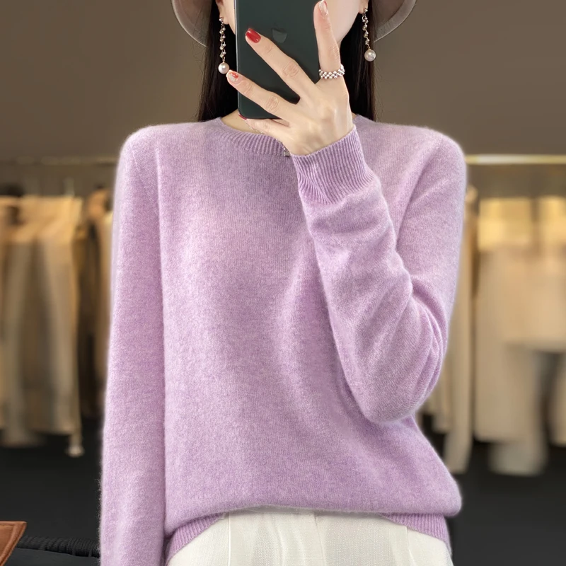 100% Merino Wool Sweater Women O-neck Cashmere Knitwear Female Pullover Autumn Winter Casual Tops Solid Color Soft  Clothing