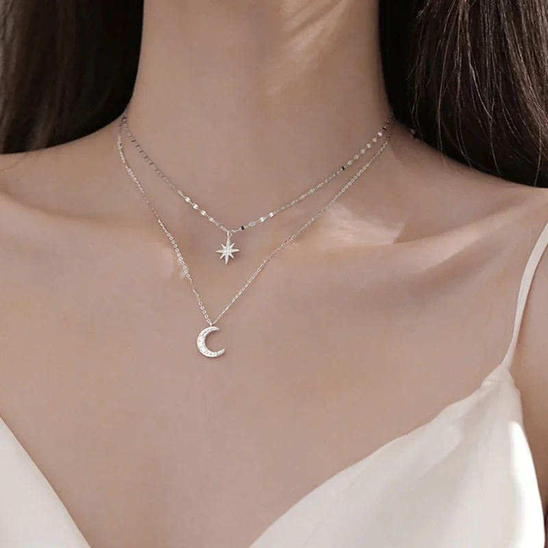 Hot  Sterling Silver Double Layer Simple Stars Choker Shiny Zircon Moon Pendants Necklaces