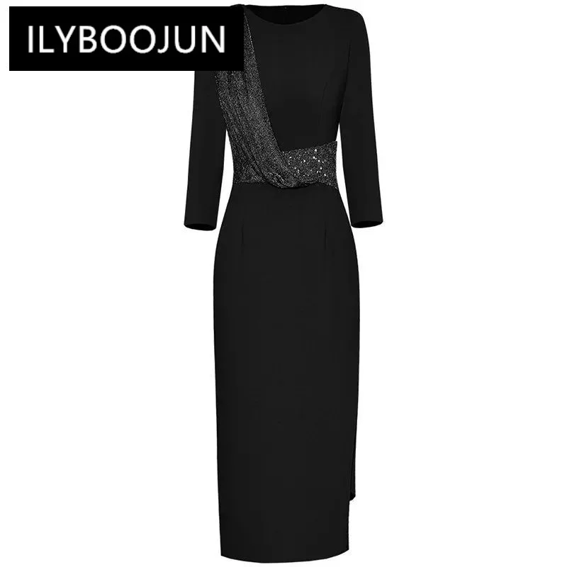 

ILYBOOJUN Fashion Designer Black Vintage Party Dress Women O Neck Long Sleeve Sequins Package Buttock Slit Slim Long Dress