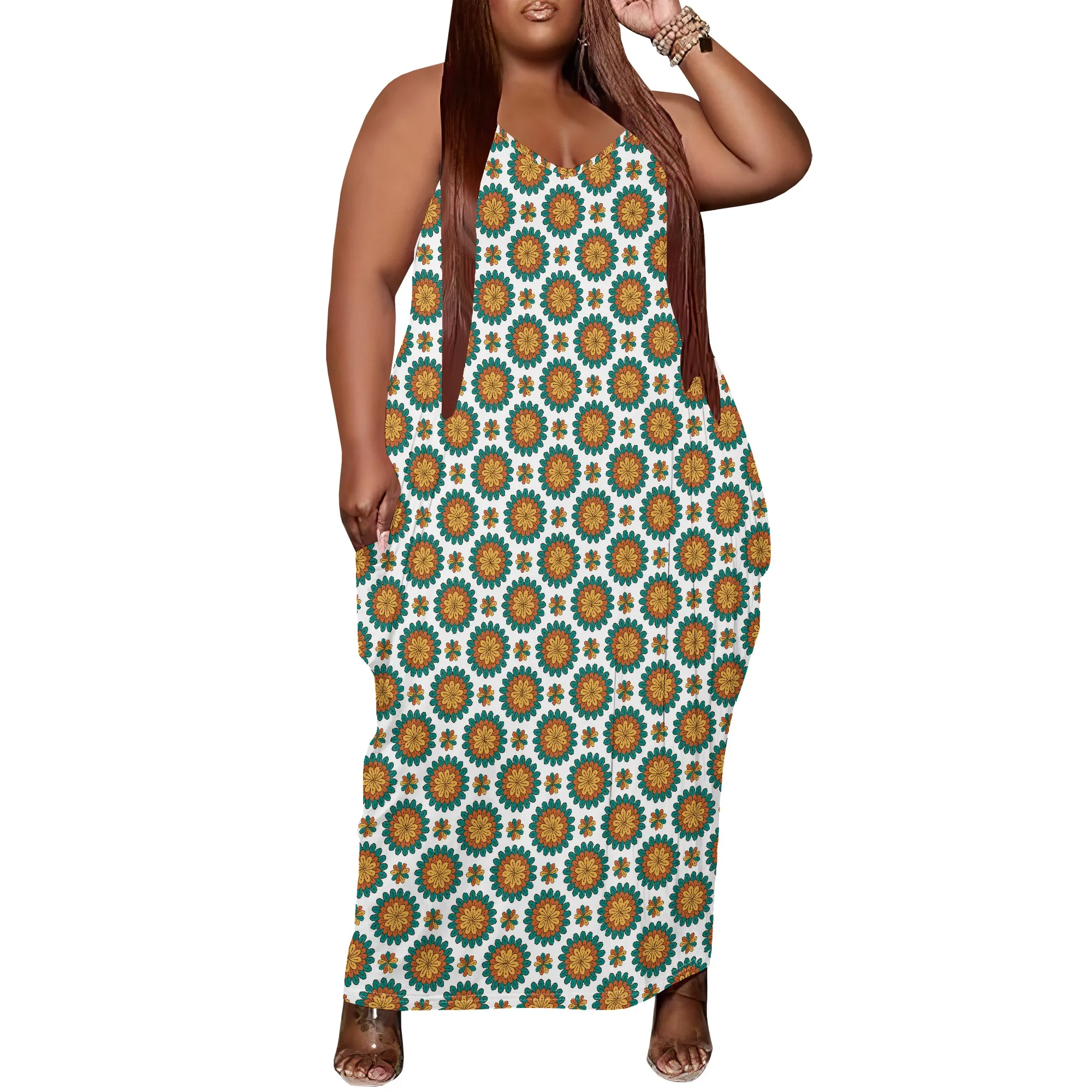 

Women Plus Size Dress Floral Print Loose Slip Long Dress with Pocket Fashionable Rustic XL-6XL