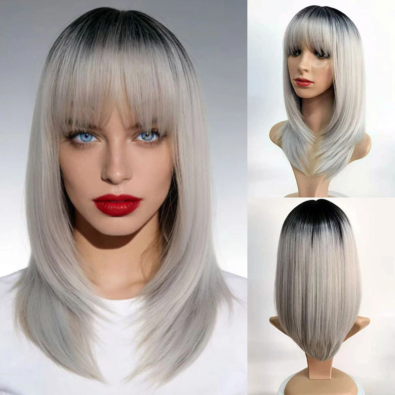 New gradient gray medium- straight hair with bangs -temperature fiber women's high-layered collarbone-length wig