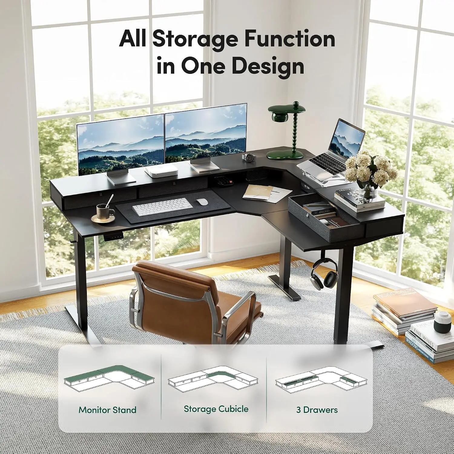 L Shaped Electric Standing Desk 63x48 Inch with Drawers Reversible Top 2 Memory Settings Home Office  Customized