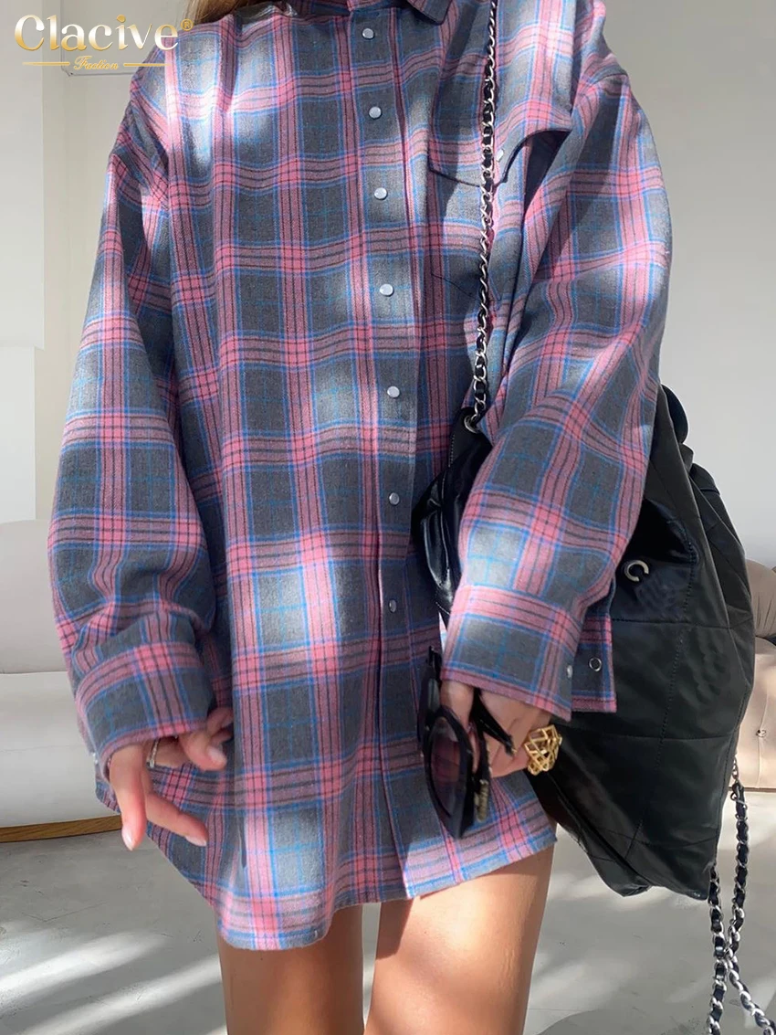 Clacive Vintage Loose Plaid Women'S Shirt Fashion Lapel Long Sleeve Office Lady Shirts And Blouses Tops Female Clothing 2023