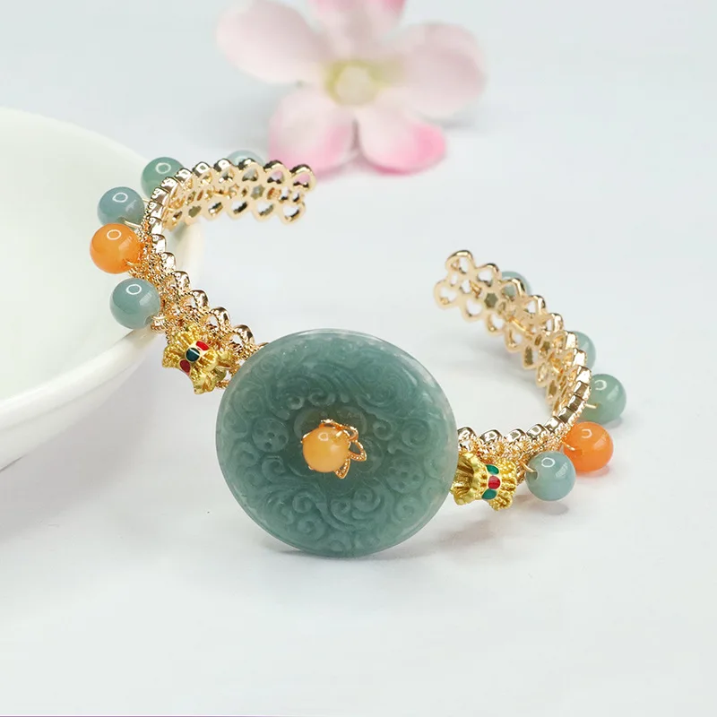 

Blue Myanmar Jadeite Flower Pixiu Bracelet 18K Gold Plated Emerald Amulet Real Jewelry Fashion Charm Men Natural Burmese Jade