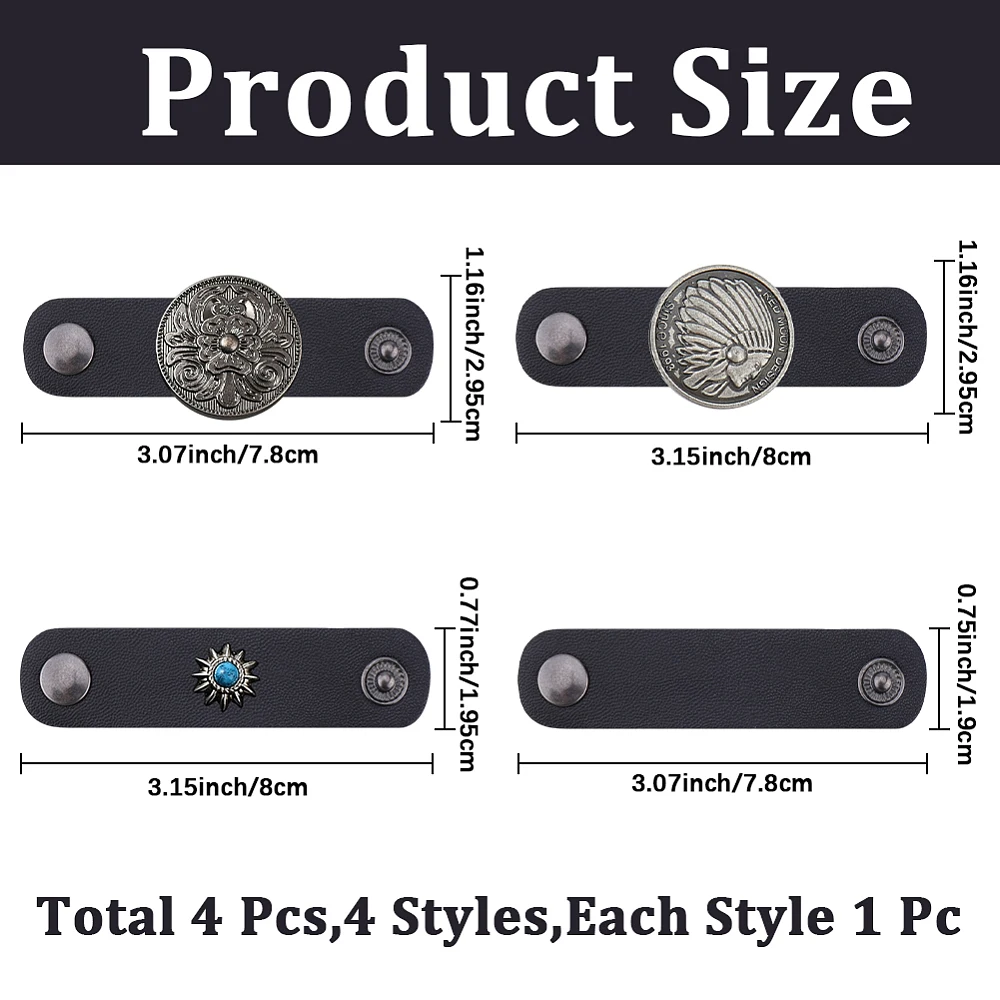 4PCS 4Styles Western PU Leather Bandana Neckchief Turquoise Scarf Holder Flower Buckle Slides Clasp Vintage Bandana Scarf Ring