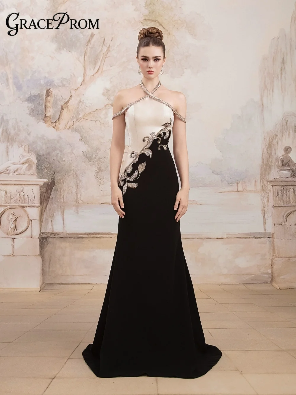 Luxurious Halter Off Shoulder Evening Gown 2026 Black White Slant Silver Vines Formal Party Dress For Wedding Guests فساتين سهرة