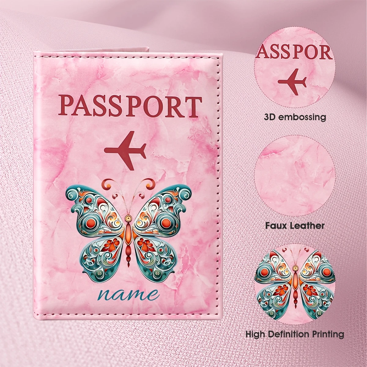 

Personalized Name Custom Butterfly Art Pattern PU Passport Holder, Featuring an Exquisite Painted Butterfly Design That Blends