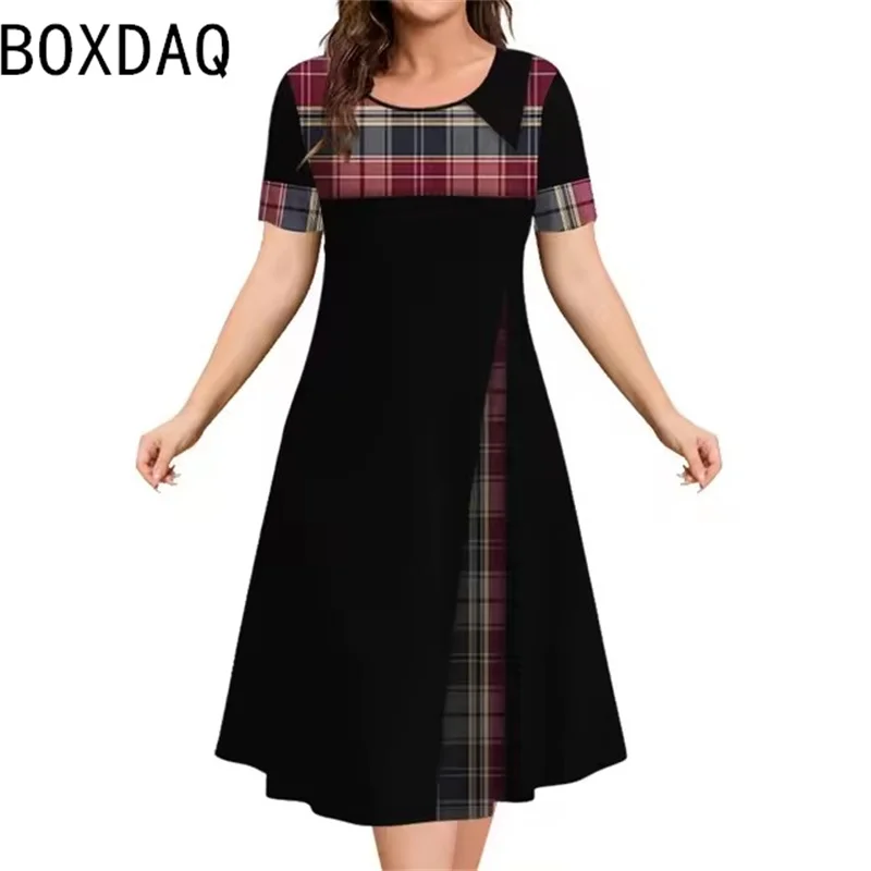 Women Vintage Ethnic A-Line Dress 3D Plaid Spliced Print Mini Dress Big Size 3XL Female Summer Short Sleeve O-Neck Casual Dress