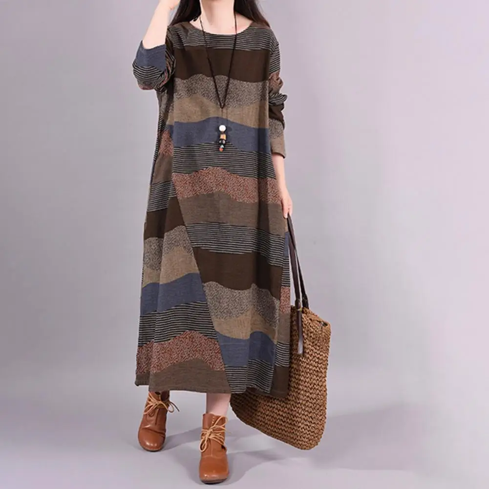 O-Neck Long Sleeve Pullover Women Dress Autumn Winter Striped Contrast Color Loose Maxi Dress Daily Clothing