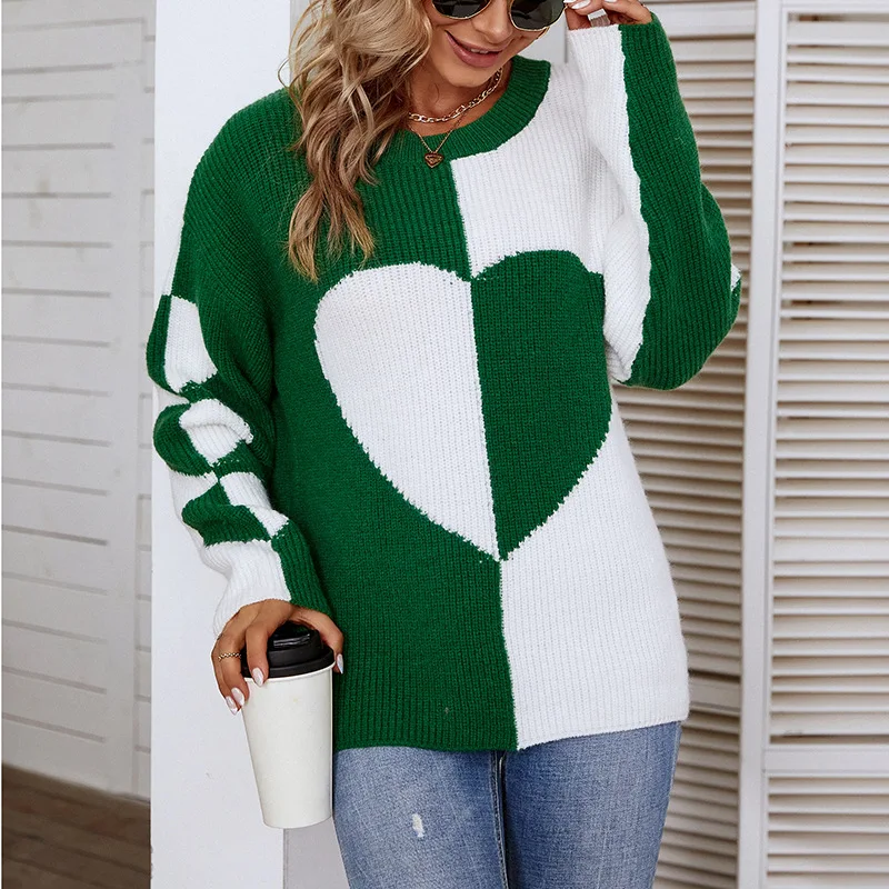 2022 New O Neck Heart Knitted Sweater Women Pullover Knitwear Korean Style Kawaii Jumper Winter Casual Sweaters Green Tops