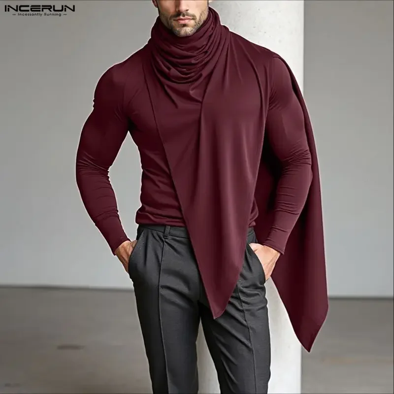 INCERUN Männer Unregelmäßige T-shirt Einfarbig Rollkragen Langarm Casual Männlichen T Tops Streetwear 2025, Mode Männer Kleidung S-5XL