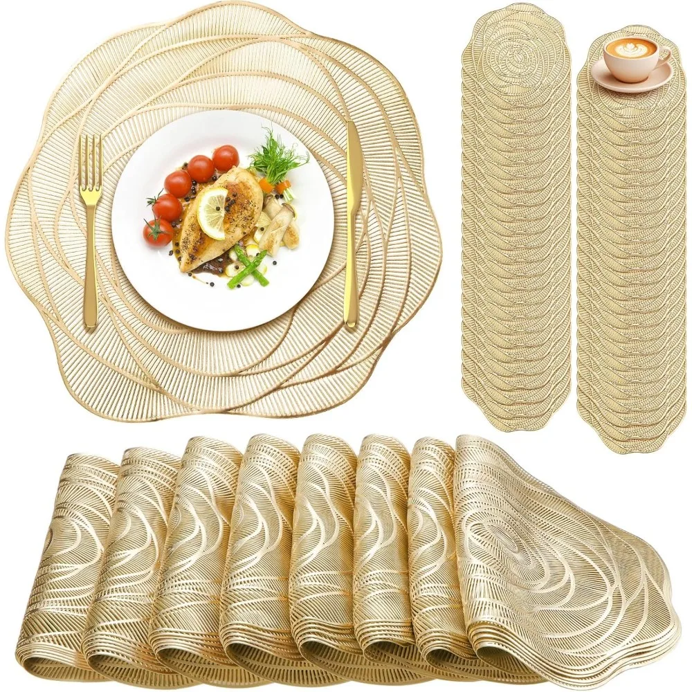 

15-Inch Round Vinyl Placemats with Hollow Out Rose Design, Metallic and Slip-Resistant, Including Coasters