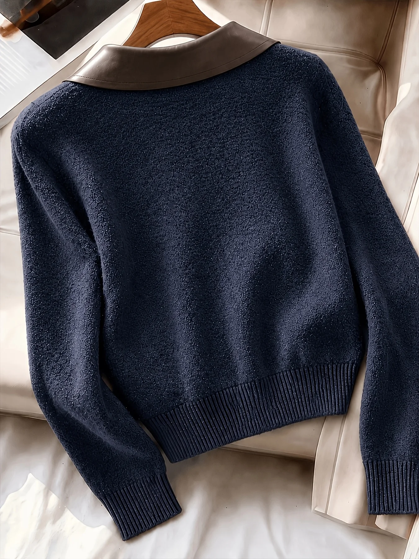 Women Spliced Polo Neck Knit Cardigan French Elegant Button Sweater Coat Soft Warm Fall Winter Female Outerwear