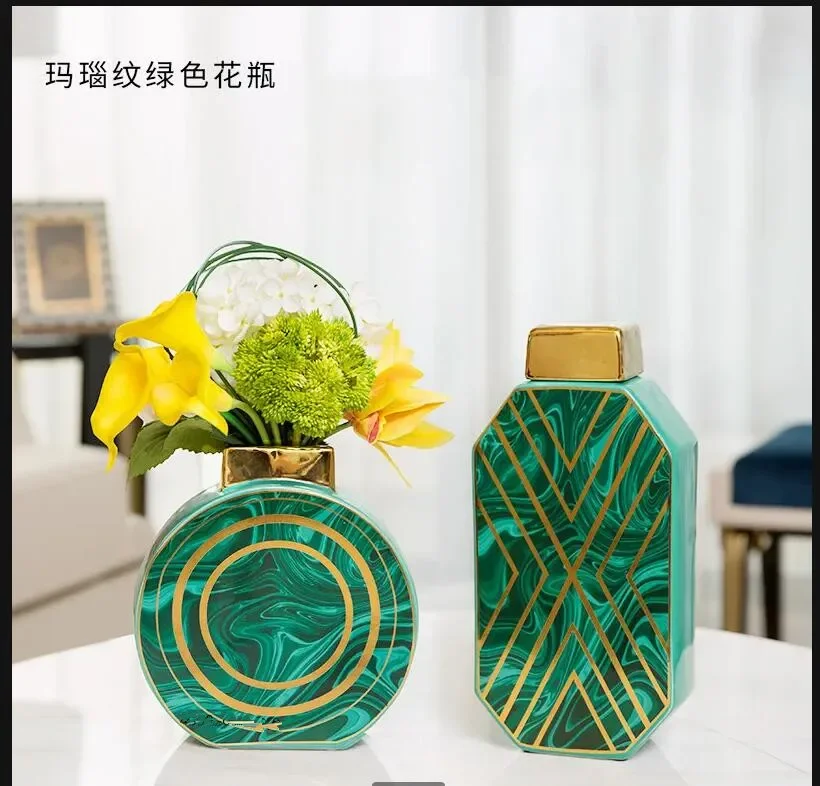 

Скандинавская керамическая ваза, украшения, зеленая Агатовая ваза с золотой оправой, Современная гостиная, цветочная композиция, Настольная Ваза