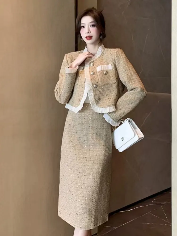 Autumn Winter Vintage Lady Two Pieces Skirt Suits Long Sleeve Patchwork Blazer Jacket and High Waist Straight Skirts Elegant