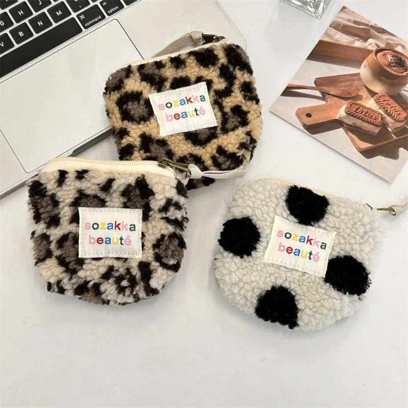 Luipaardprint Pluche Rits Leuke Portemonnee Vrouwen Draagbare Mini Cosmetische Tas Lippenstift Oortelefoon Datakabel Organizer Pouch case