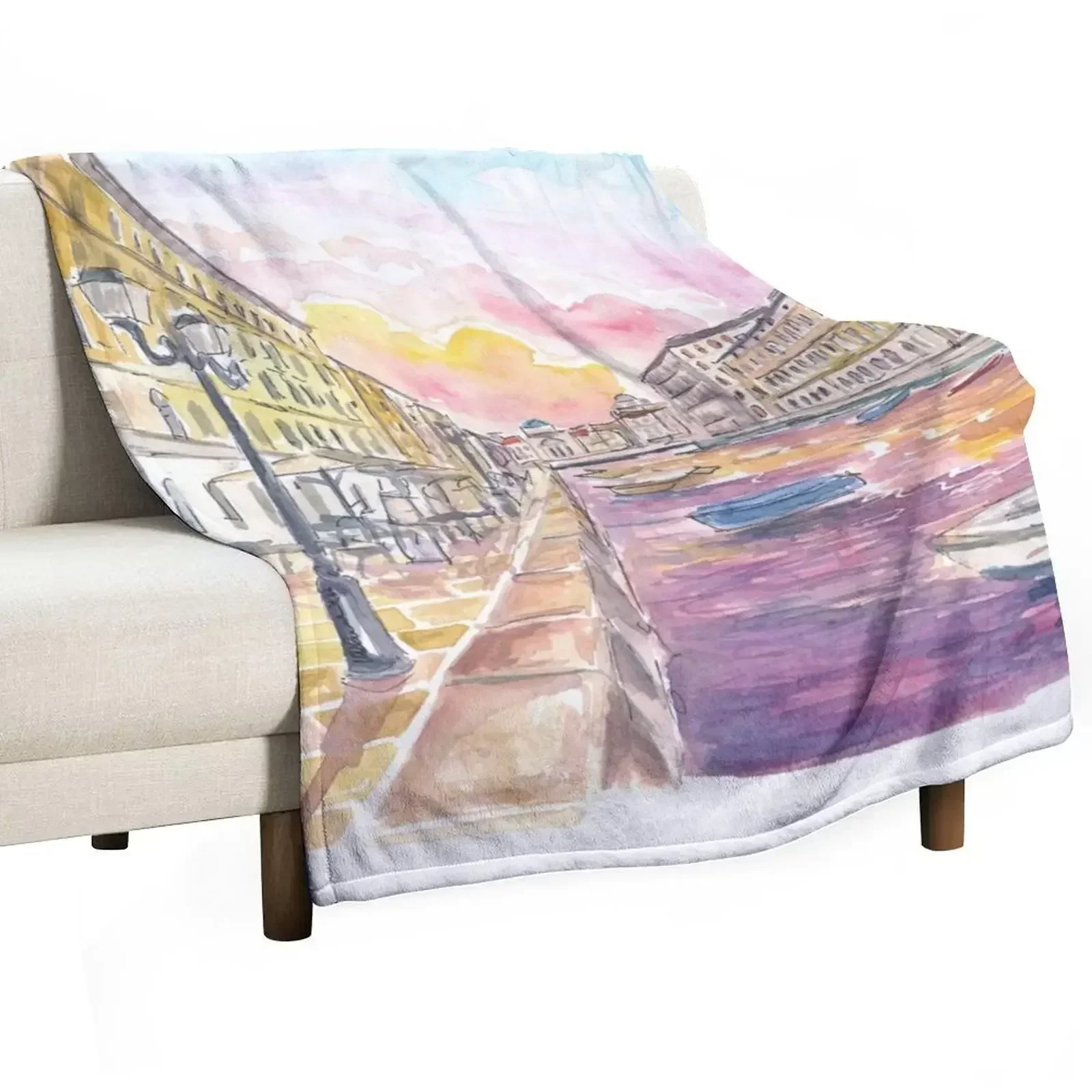 

Canal Grande in Trieste Italy at Sunset Throw Blanket Furrys Quilt Camping Blankets