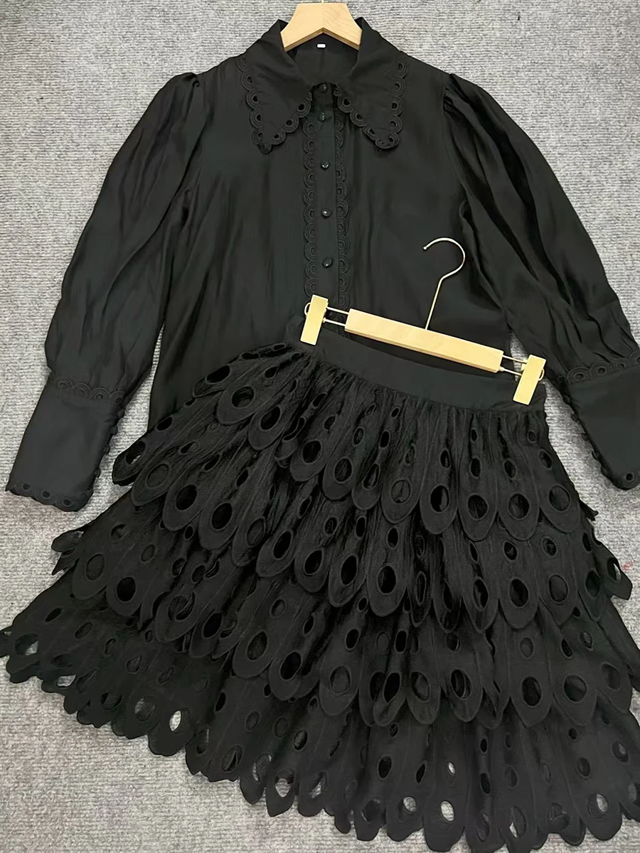 CHICEVER-traje de falda unicolor con agujeros para mujer, camisa de manga larga con solapa, faldas acampanadas de cintura alta, trajes elegantes, ropa femenina