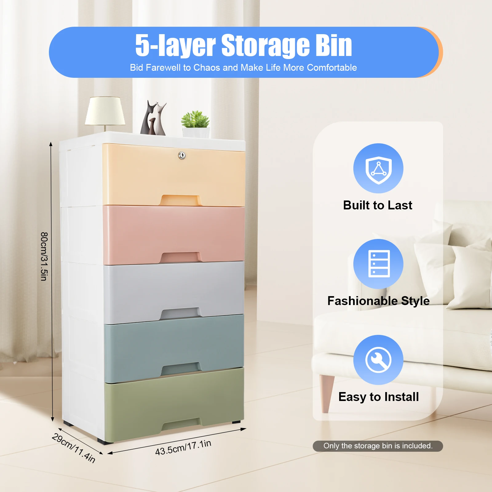 

5-Drawer Rolling Storage Cabinet with Lock 31.5" Tall Plastic Organizer for Bedroom/Living Room, 55lbs Capacity, Space-Saving