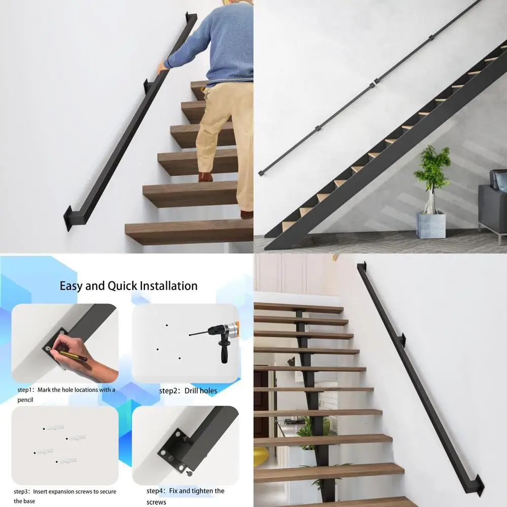 درابزين سلالم حديدية سوداء مثبتة على الحائط، درابزين داخلي بطول 6 أقدام، سعة 500 لتر لسلامة الدرج