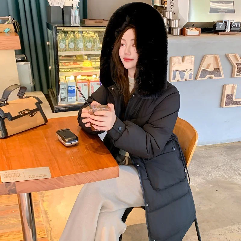 2024 New Fashion Women's Winter Clothing Thickened Hooded Large Hair Collar Long Solid Color Cotton Coat Solid Color Winter Top