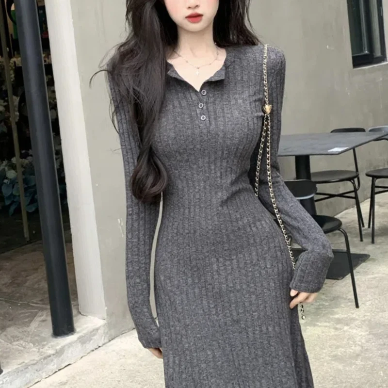 Spring Autumn New Fashion Turn-down Collar Long Sleeve Solid Button Women\'s Clothing Slim Korean Bottoming Trend Knitting Dresse