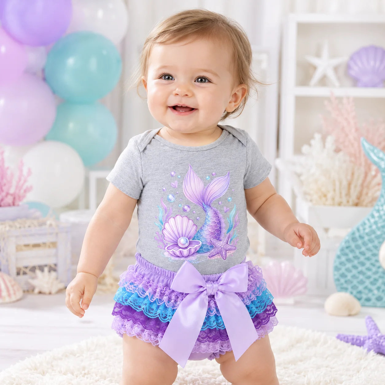 Baby Girl Mermaid Outfit 2Pcs Short Sleeve Cotton Romper Lace Tutu Skirt Set Under The Sea Newborn Birthday Party Costume Infant