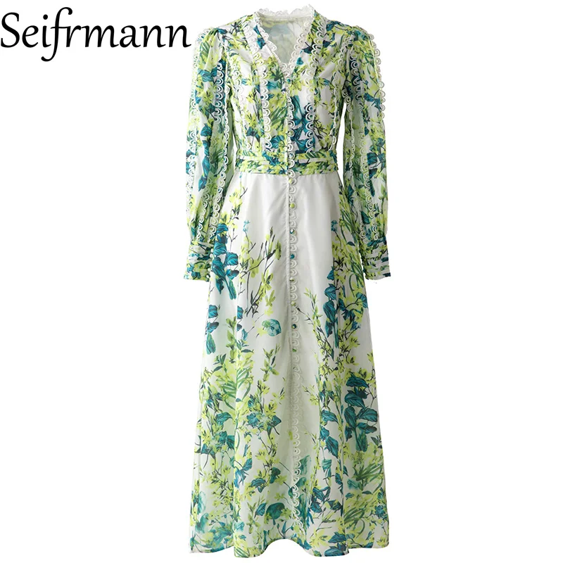 

Женское платье Seifrmann 2026: Новинка весенней коллекции, модное, с V-образным вырезом, длинными рукавами, кружевным принтом, однобортное, с завышенной талией
