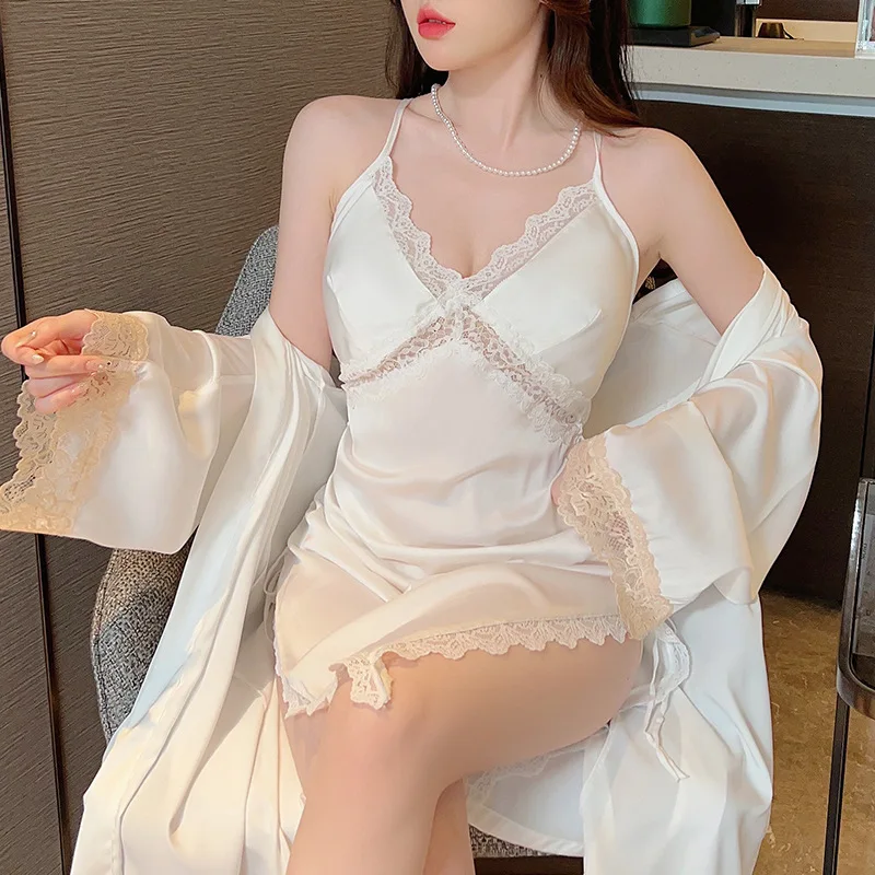 

Bride 2PCS Nighty&robe Set Women Lace Kimono Nightgown Loungewear Summer Female Silky Satin Sleepwear Bathrobe Gown Home Dress
