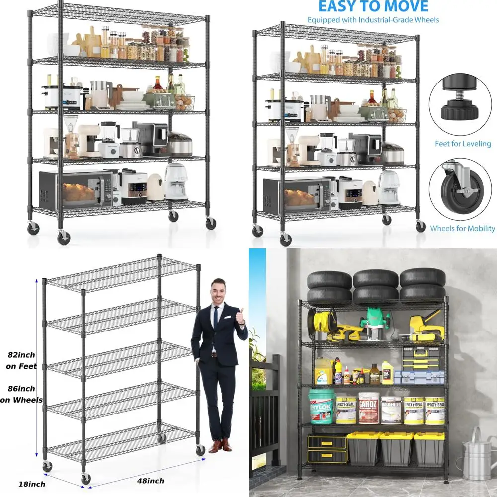 Heavy Duty 5 Tier Adjustable Metal Shelving Unit with Wheels for Commercial Storage, Garage Organization Solutions