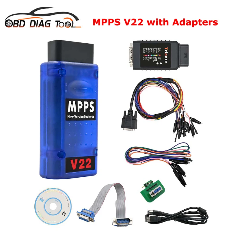 Инструмент для настройки чипа ECU MPPS V22, полный комплект, MPPS 22 OBD2 сканер с адаптерами, базовый тройной кабель + трикор + многозагрузка