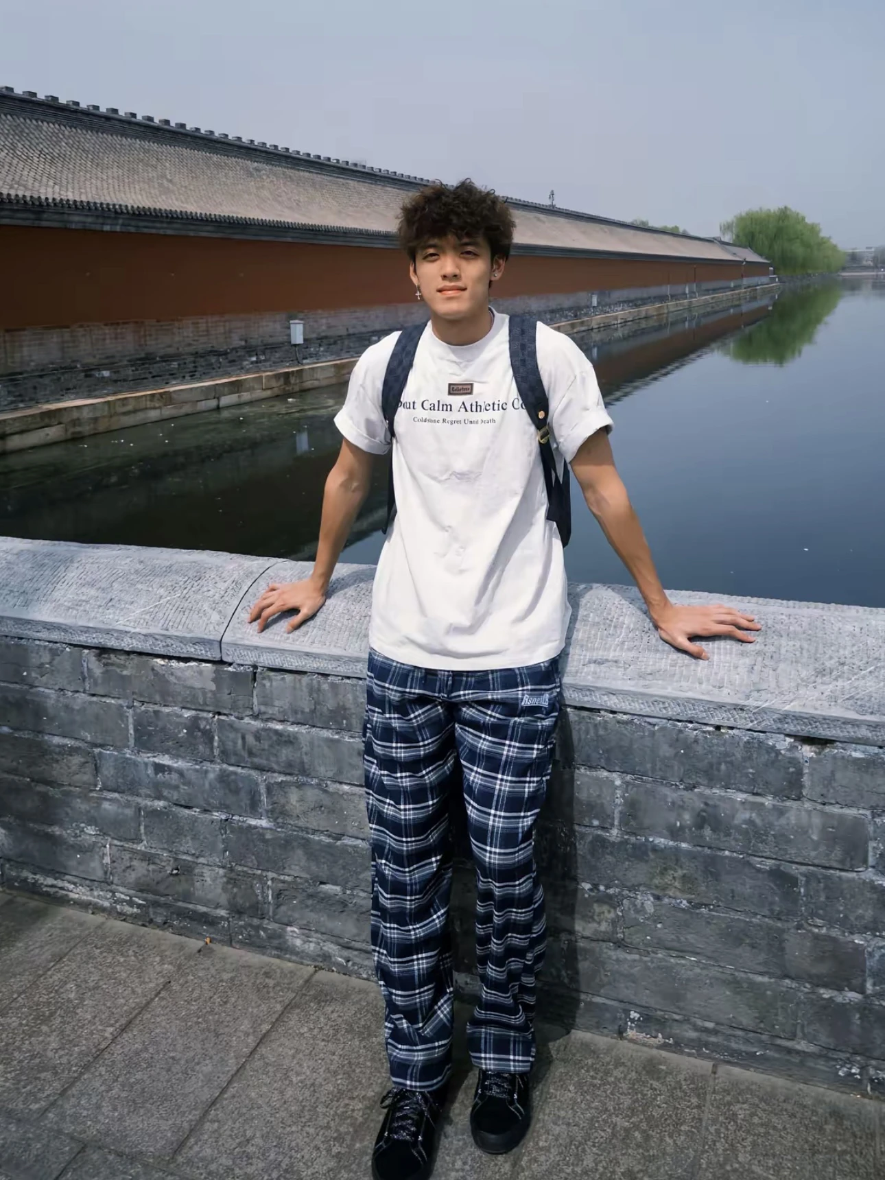 미국 레트로 자수 블루 체크 와이드 레그 팬츠 남성 캐주얼 루즈 데일리 레이지 스트레이트 레그 트렌디 여름 롱 팬츠