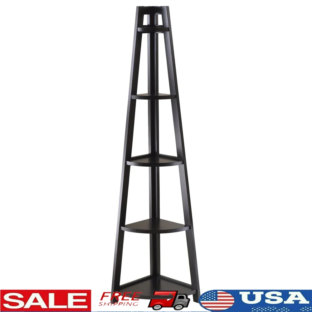 

5-Tier Corner Shelf A-Frame Design Black Finish Freestanding Bookcase Living Room Bedroom Office Display Storage