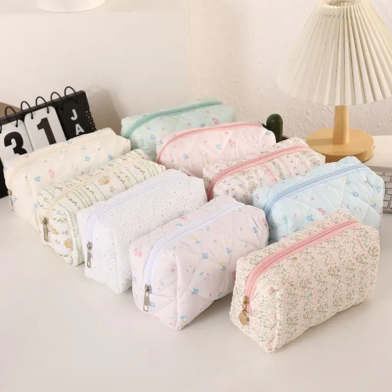 1Pcs Cotton Zipper Storage Bag Cute Floral Quilted Pencil Case Multiple Patterns For Teen Girls School Office Supplies