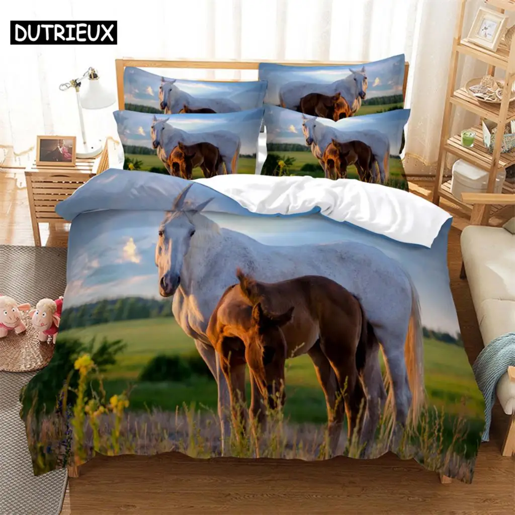 Horse eating grass Bedding 3-piece Digital Printing Cartoon Plain Weave Craft For North America And Europe  Bedding Set Queen