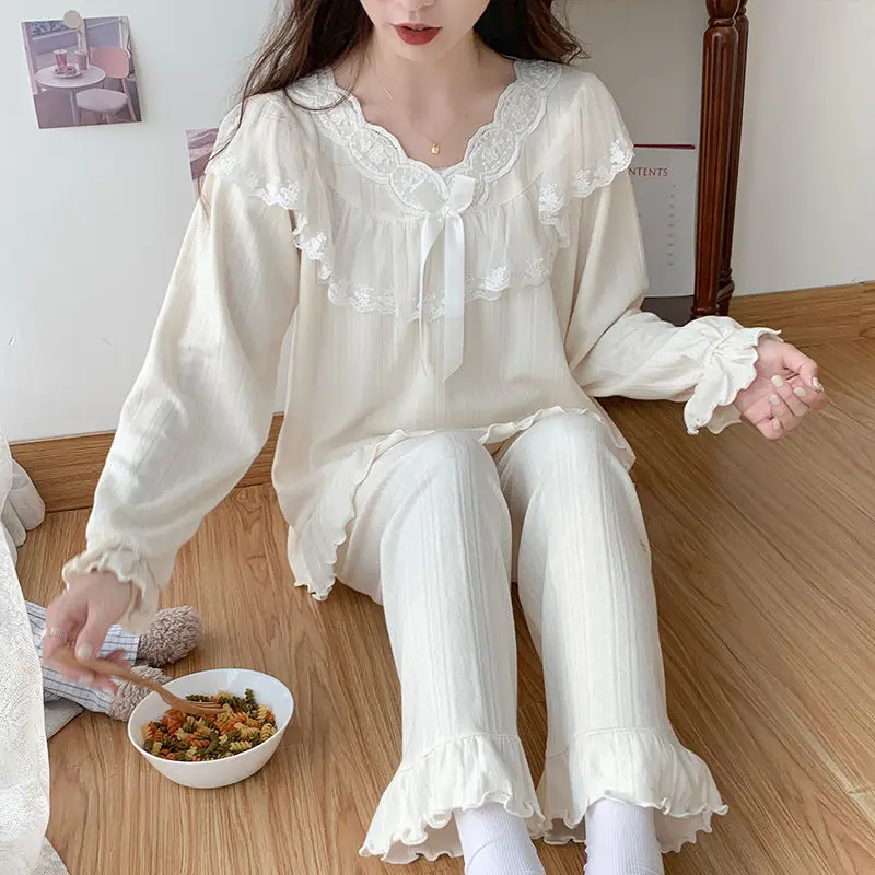 

Пижамные комплекты женские кружевные конструкции милая эстетичная принцесса домашняя повседневная мода в японском стиле для студентов гостиная классическая с длинным рукавом