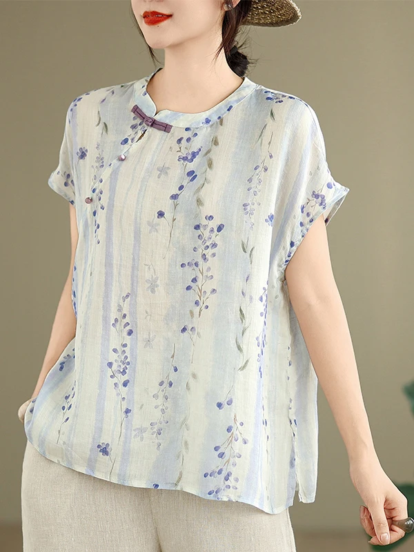 Sommer Neue Sle Chinesische Taste Baumwolle Leinen Druck Seite Taste Stehkragen Casual irt plus Größe frauen Faion Künstlerische