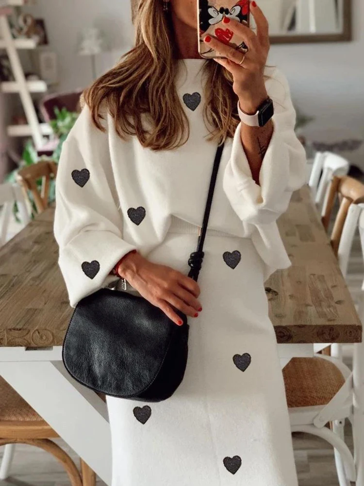 Casual Heart-shaped Printed Vacation Two Piece Sets Elegant Lady O-neck Long Sleeve Tops&Half Skirts Sets Simple Knitted Outfits